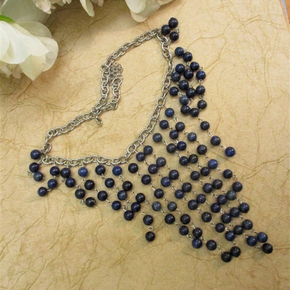 Etruscan Style Midnight Blue Silver Fringe Necklace Earrings Set Vintage - Picture 8 of 13